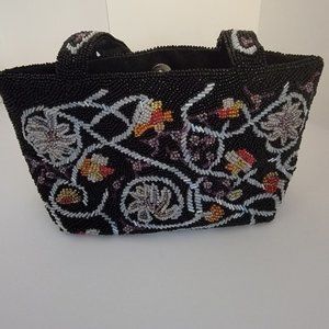 Vintage Christiana Beaded Purse , Black with multi color beads